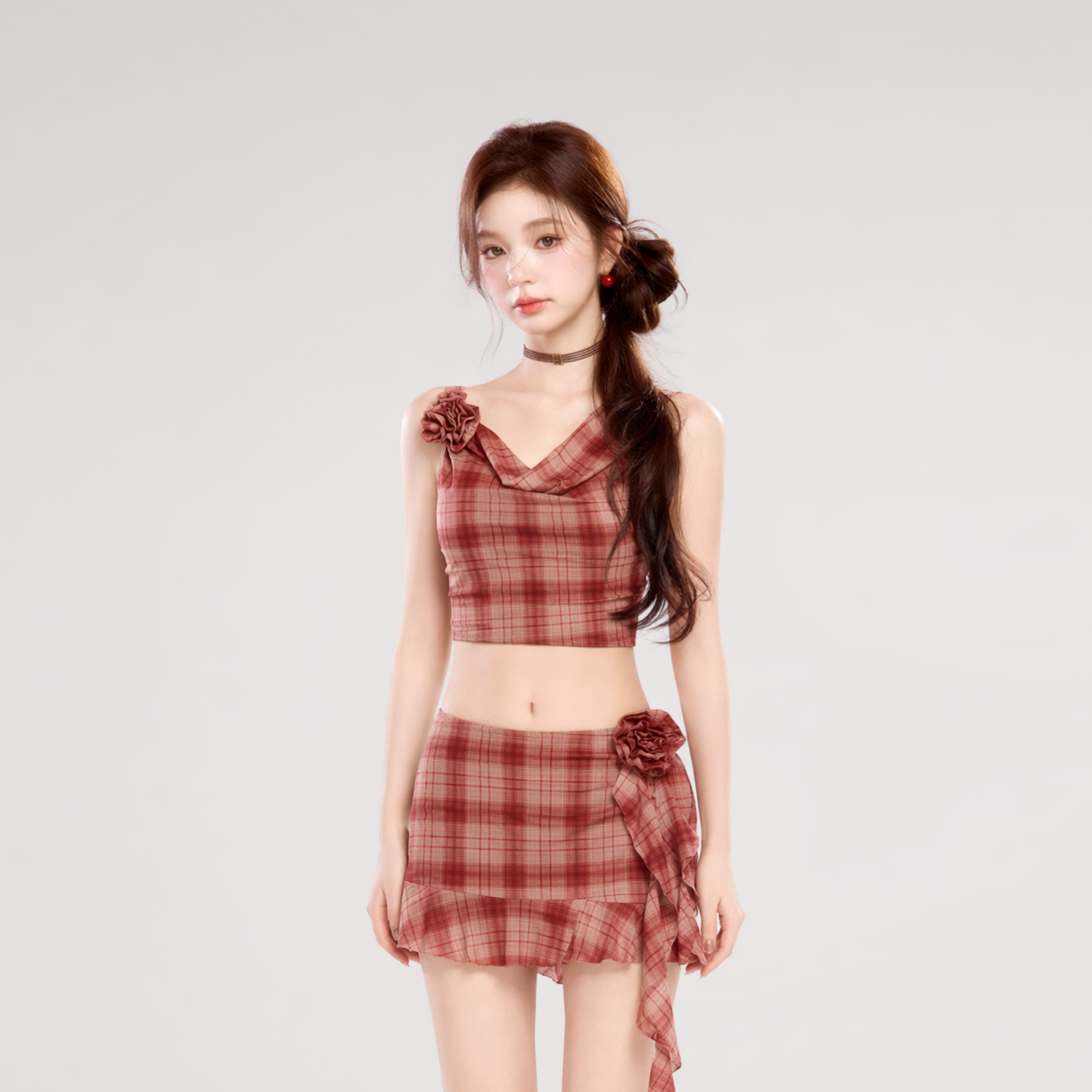 Plaid Cowl Neck Skort Set