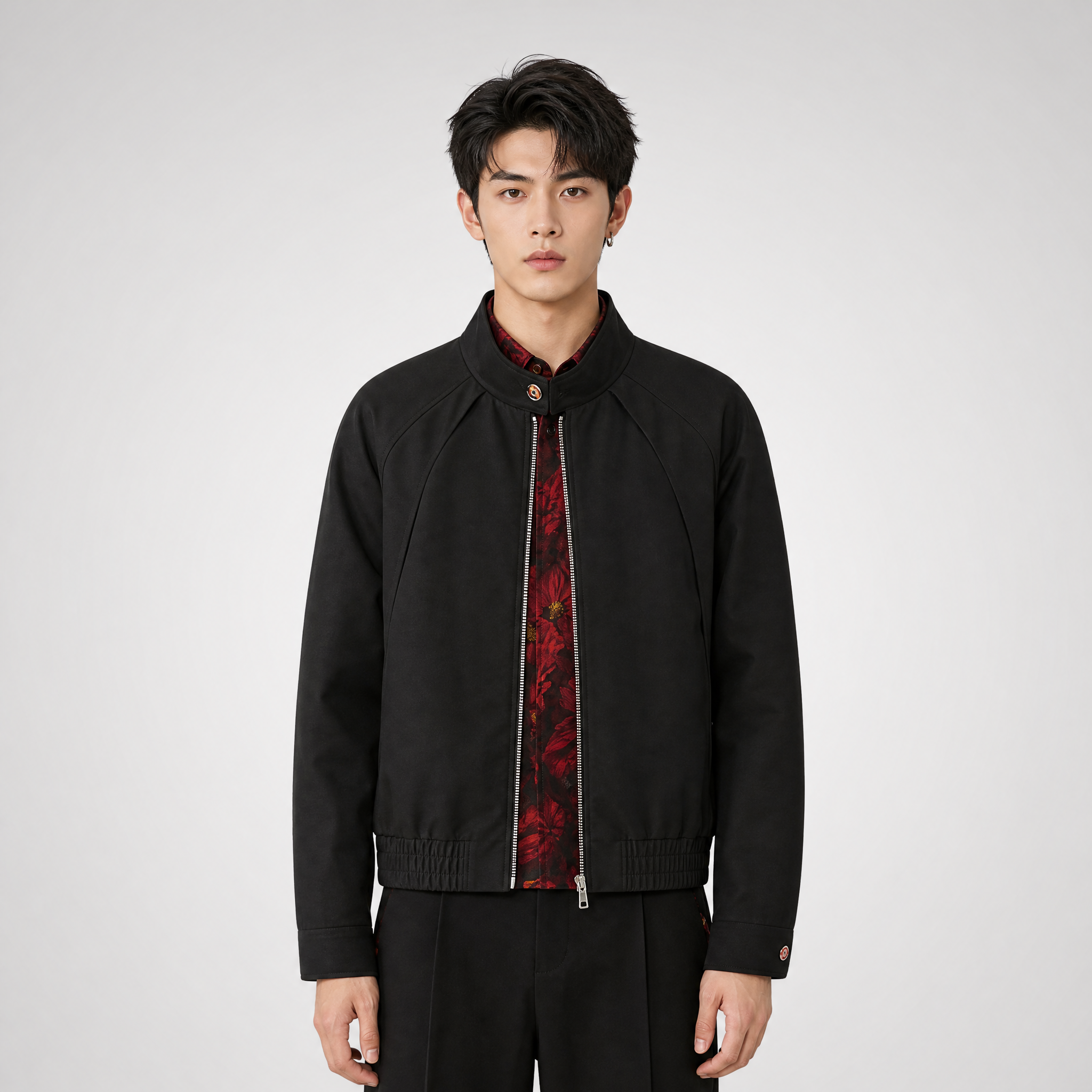 Textured Contrast Harrington Jacket