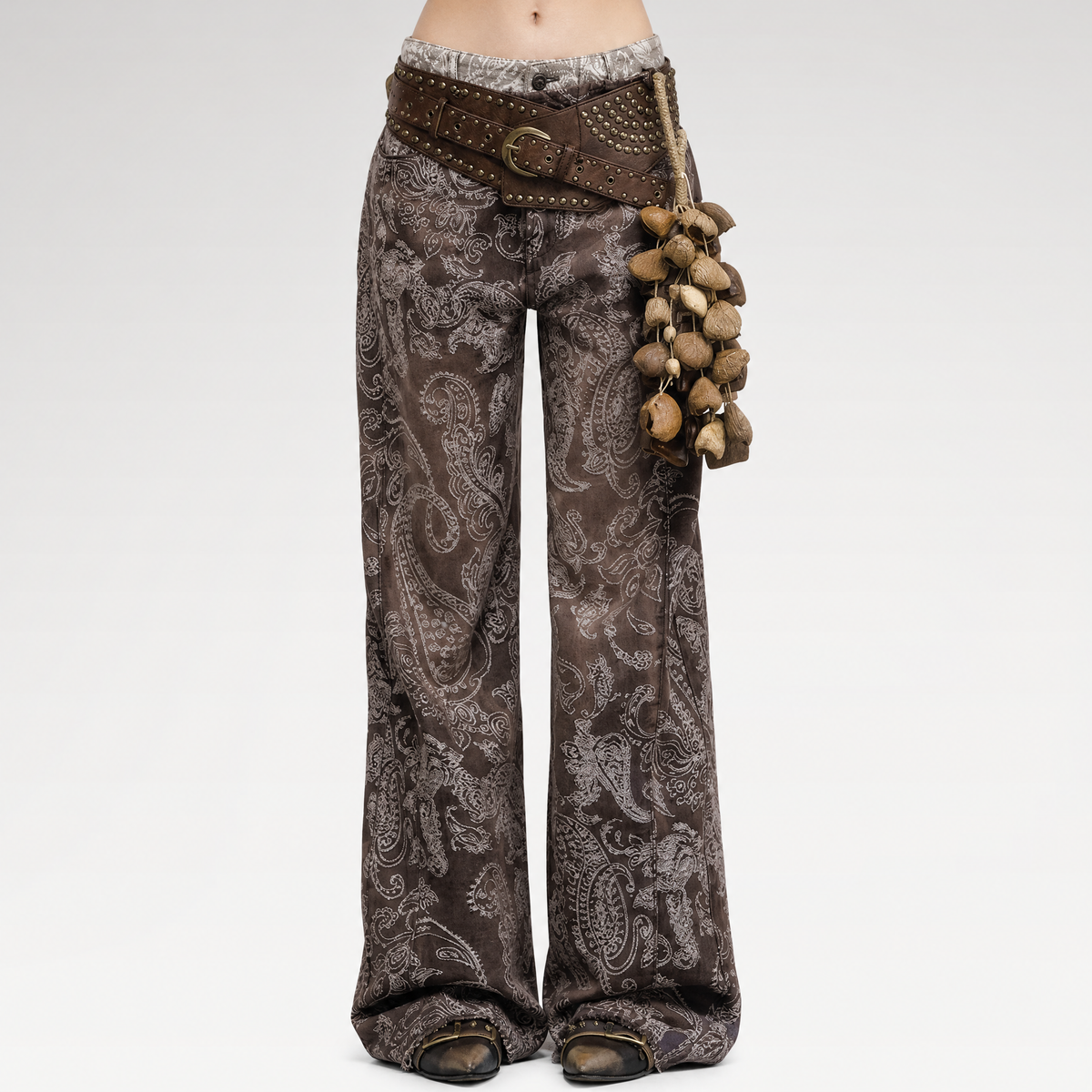 Paisley Double-Waist Frayed Jeans