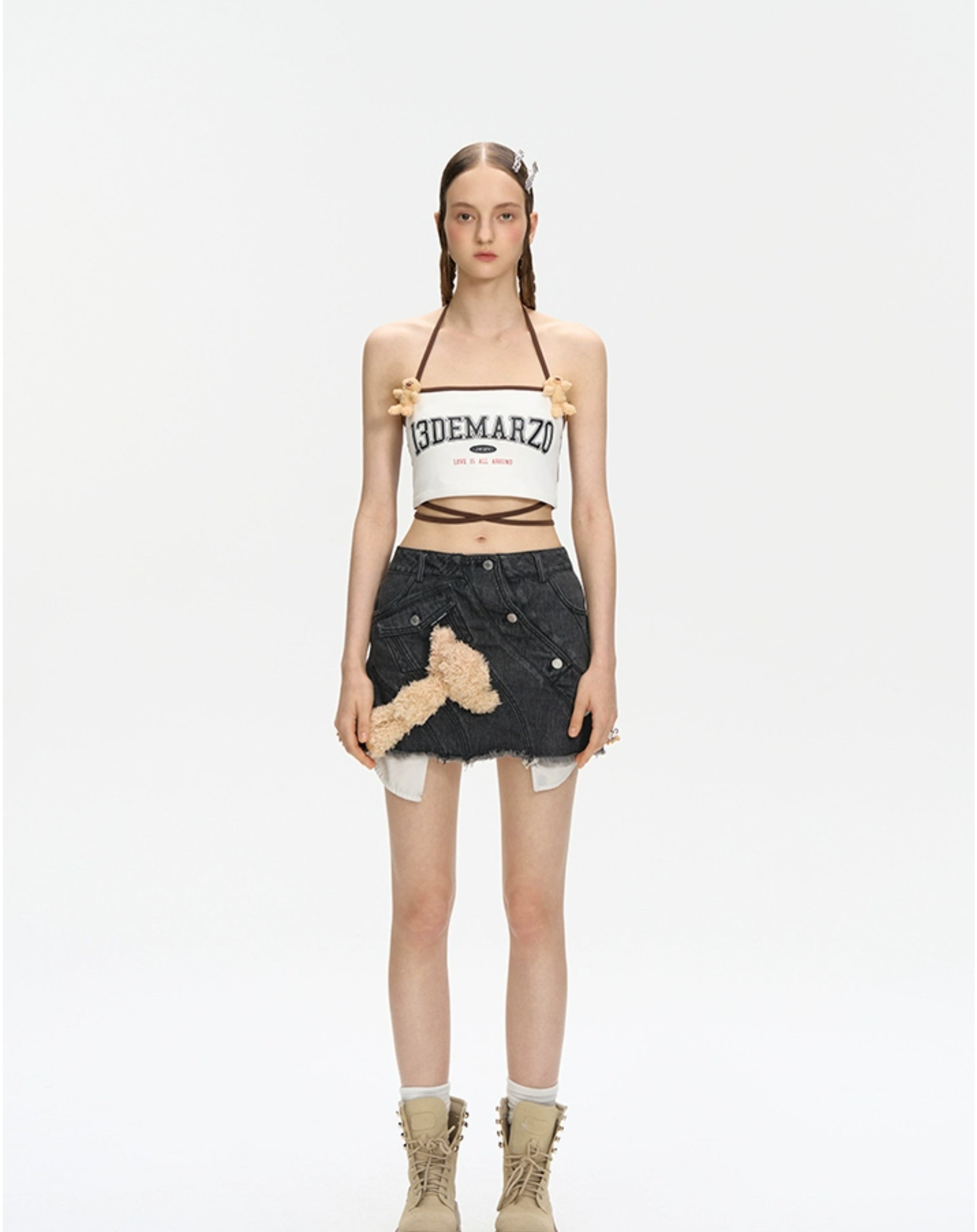 Bear Curved Denim Skirt - CHINASQUAD