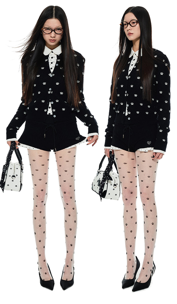 Black & Gray Cat Paw Printed Cardigan - CHINASQUAD