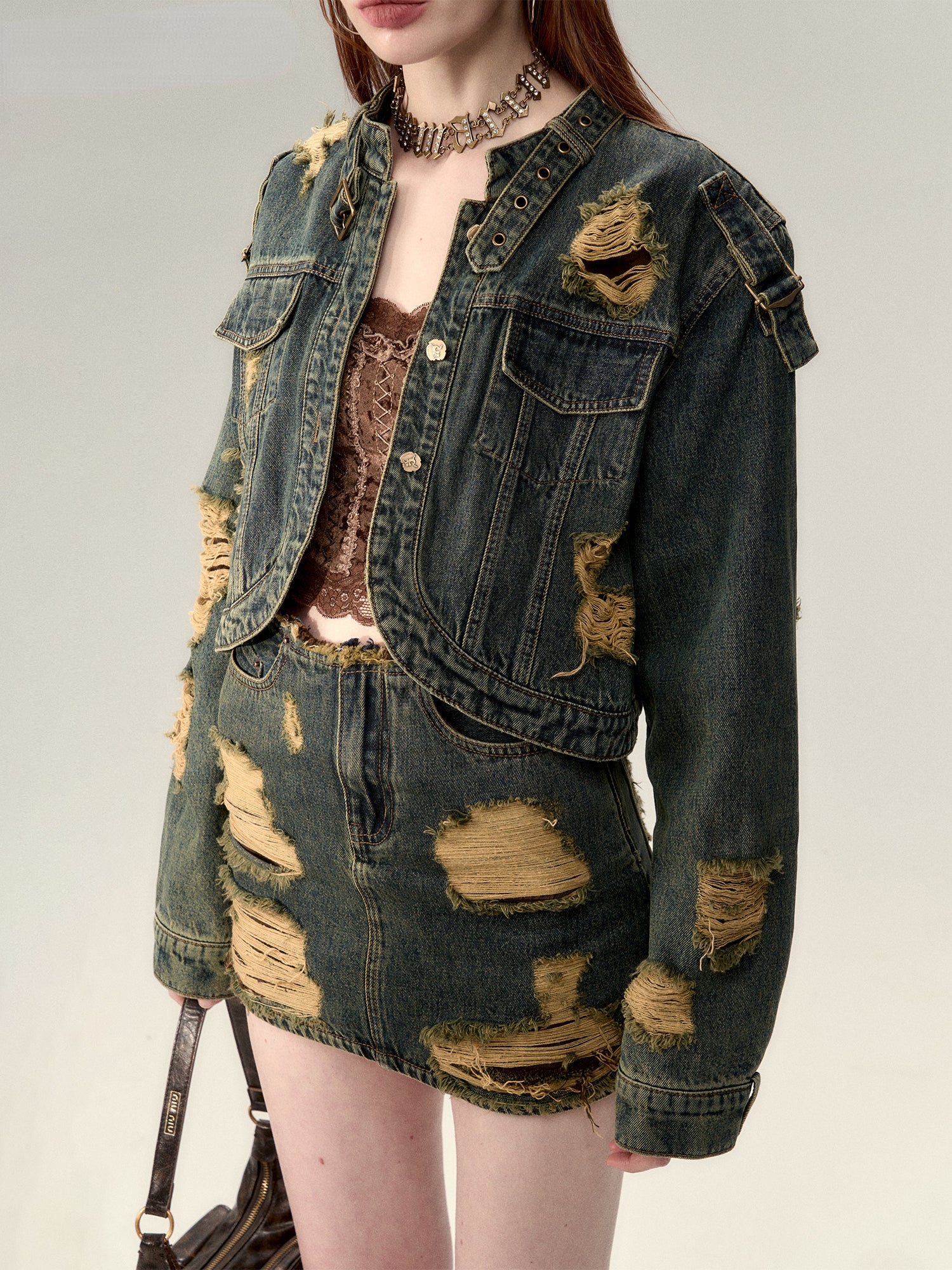 Double-Layer Distressed Denim Jacket - CHINASQUAD