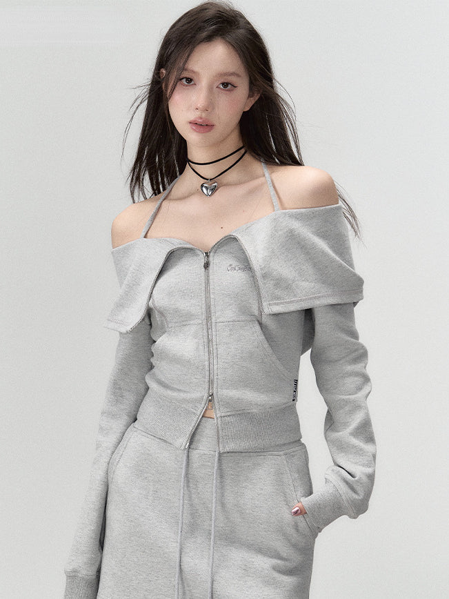 Gray & Brown Hooded Off-Shoulder Blouse & Shorts Set - CHINASQUAD