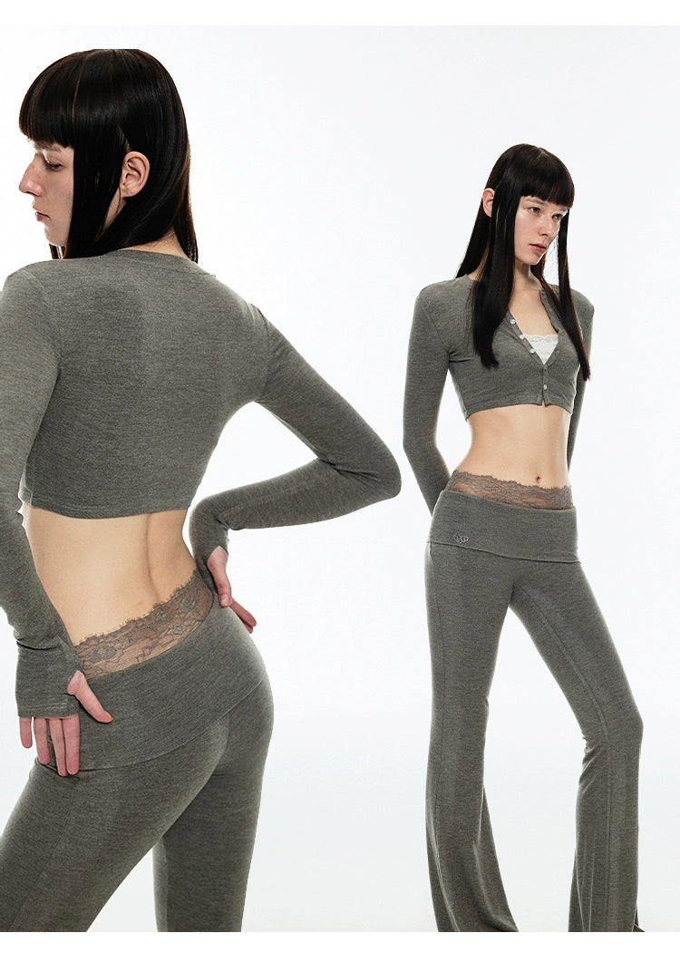 Crewneck Short Cardigan & Flared Pants Set - CHINASQUAD