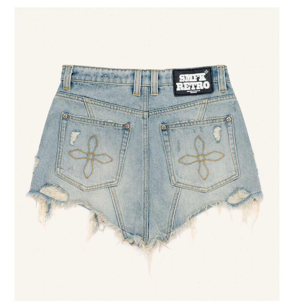 Blue Denim Frayed Distressed Shorts - CHINASQUAD
