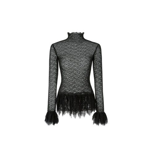 Ruffled Turtleneck Laced Sheer Blouse - CHINASQUAD