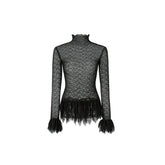 Ruffled Turtleneck Laced Sheer Blouse - CHINASQUAD