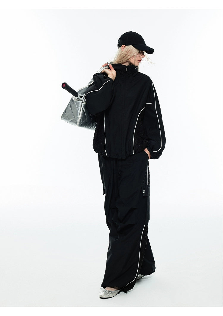 Black & Beige Wide-Legged Windbreaker Pants - CHINASQUAD