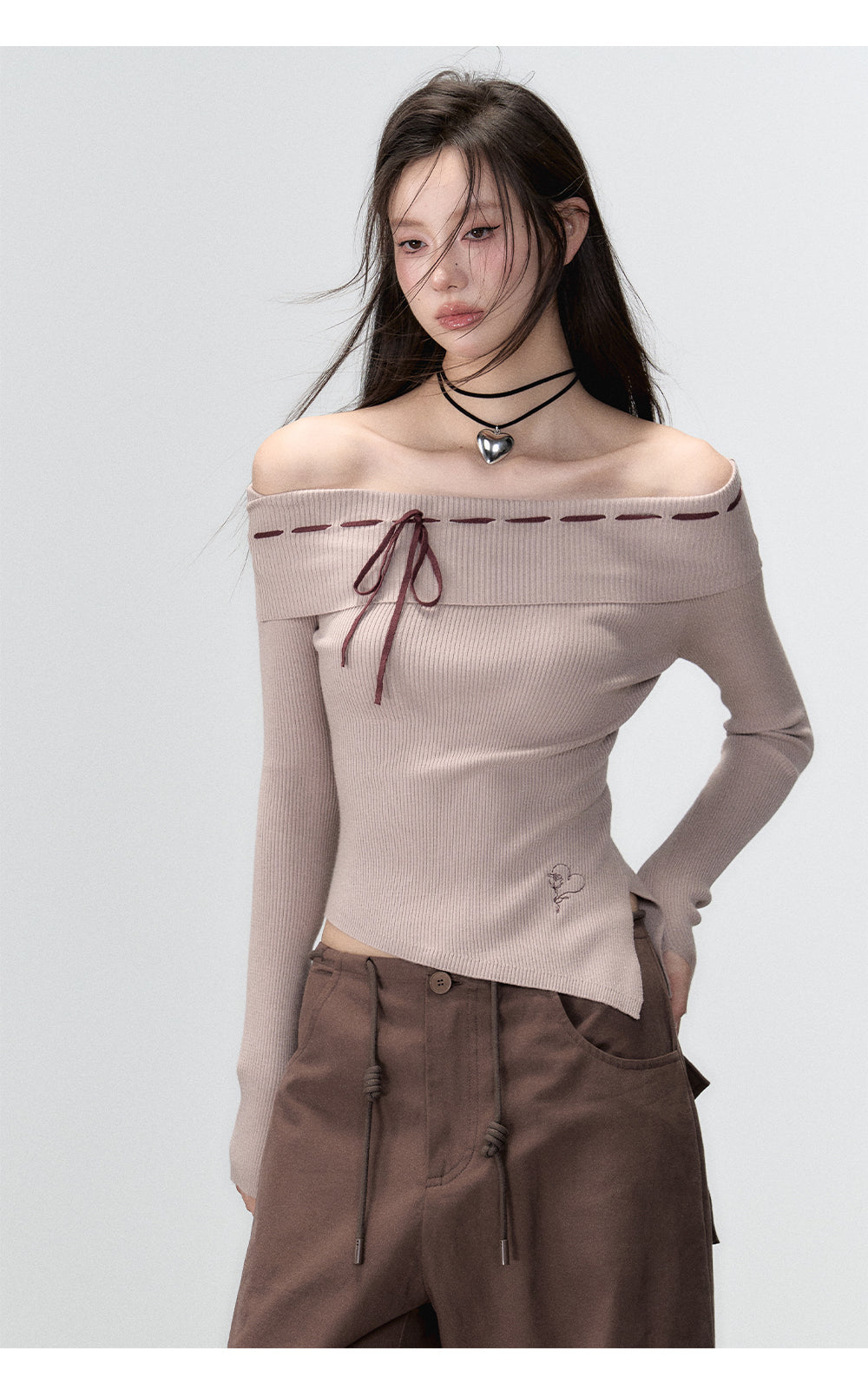 Black & Brown Off-shoulder Knitted Long Sleeve T-shirt - CHINASQUAD