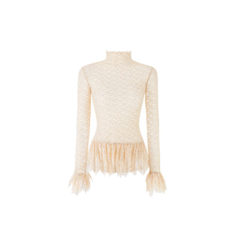 Ruffled Turtleneck Laced Sheer Blouse - CHINASQUAD