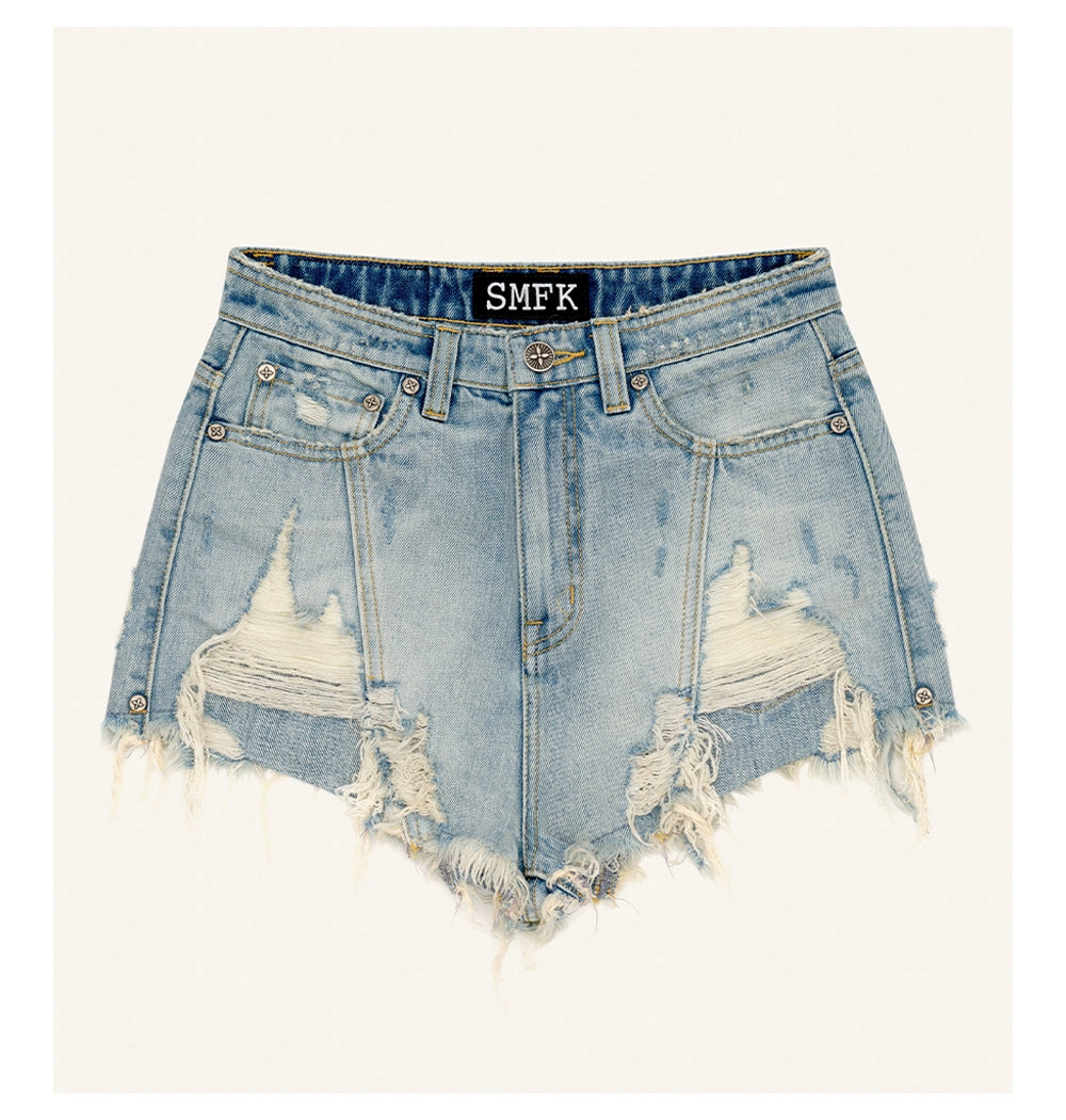 Blue Denim Frayed Distressed Shorts - CHINASQUAD