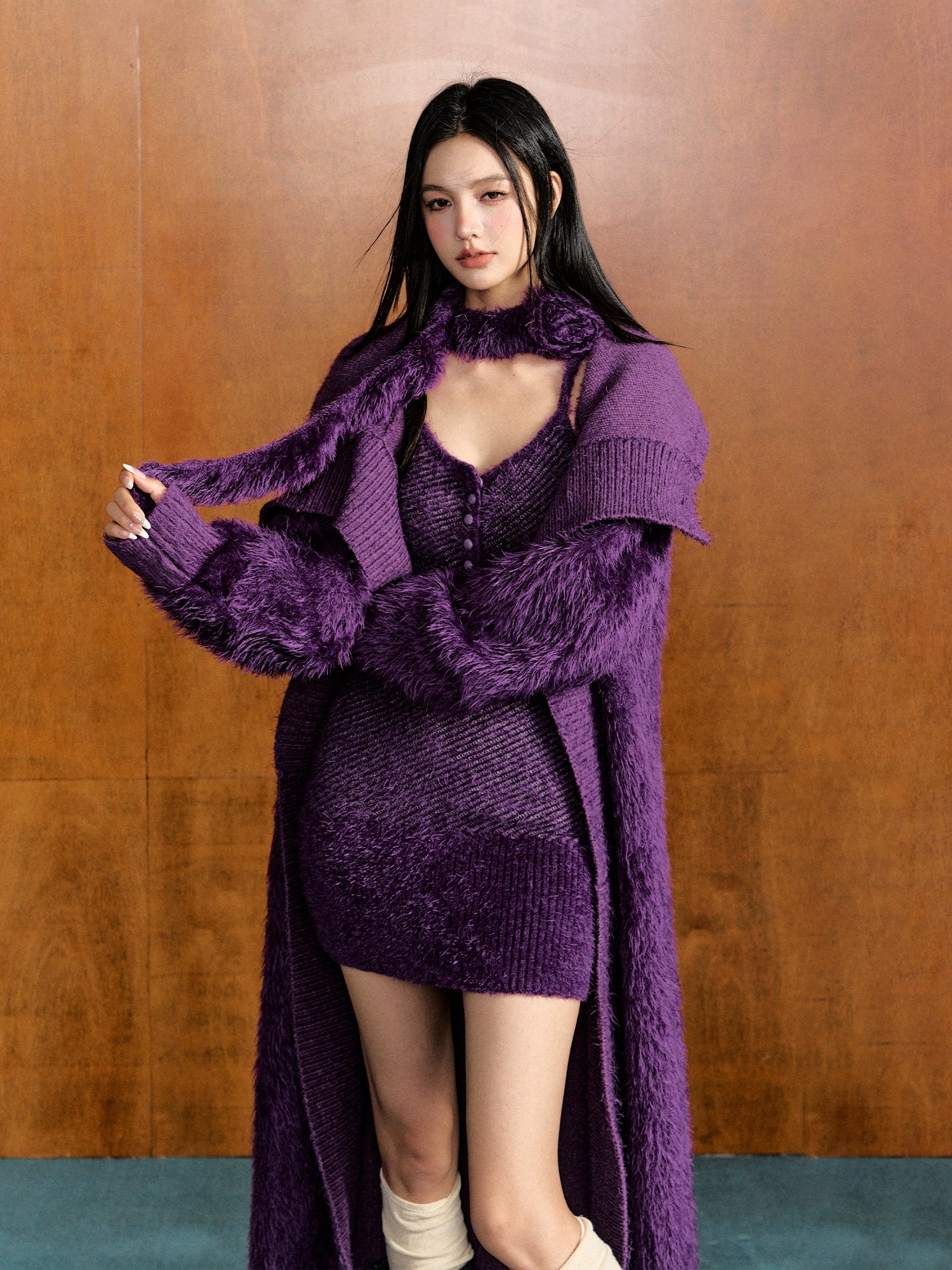 Feather Yarn Long Knit Cardigan & Knit Cami Dress Set – CHINASQUAD