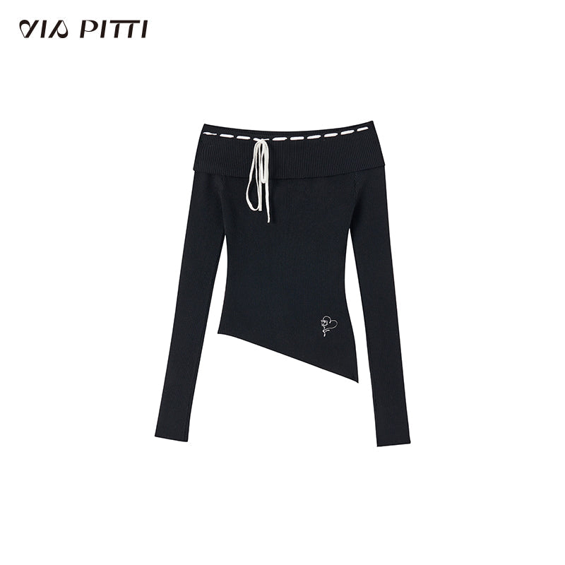 Black & Brown Off-shoulder Knitted Long Sleeve T-shirt - CHINASQUAD