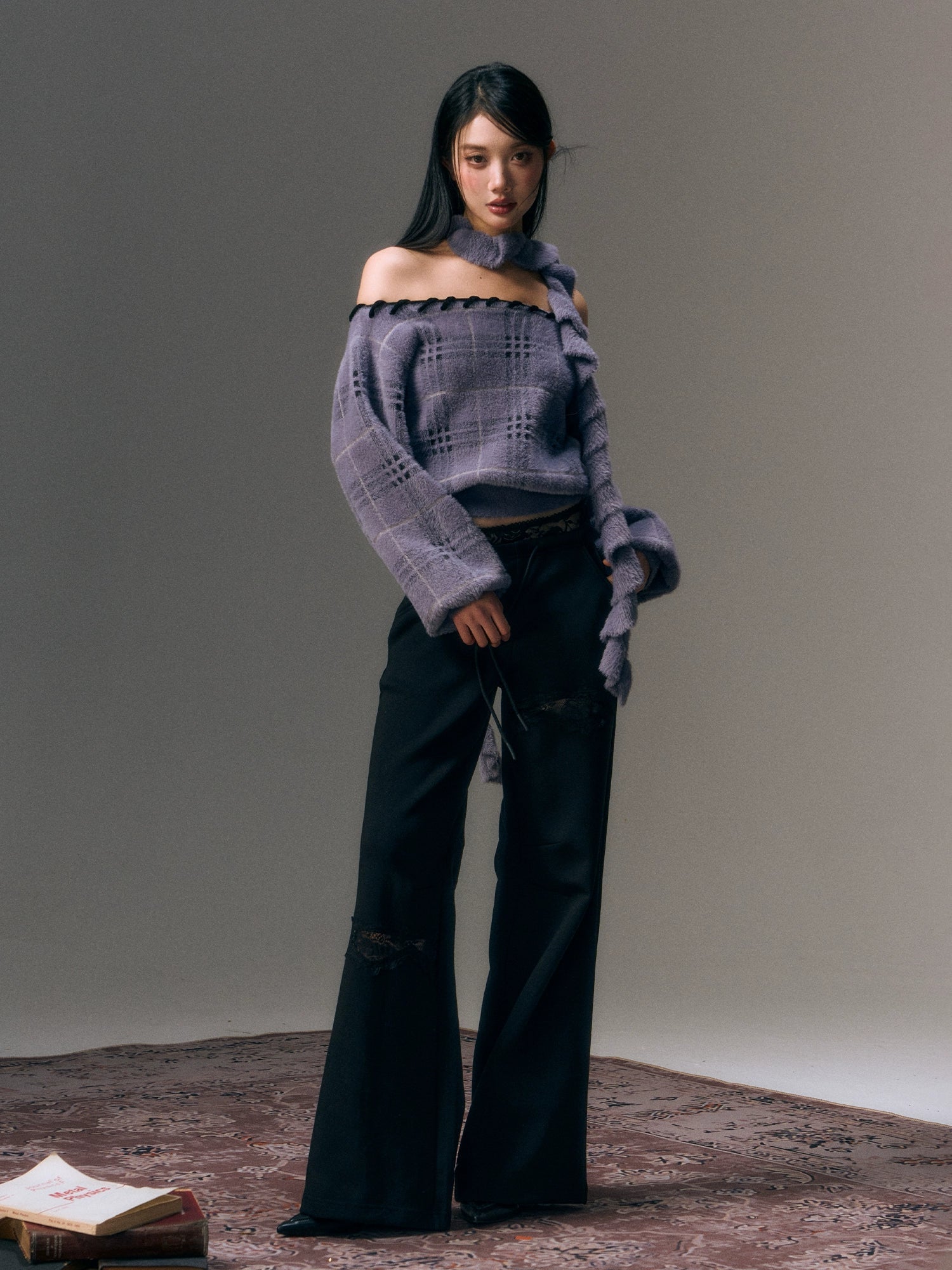 Purple Off-The-Shoulder Plaid Blouse - CHINASQUAD