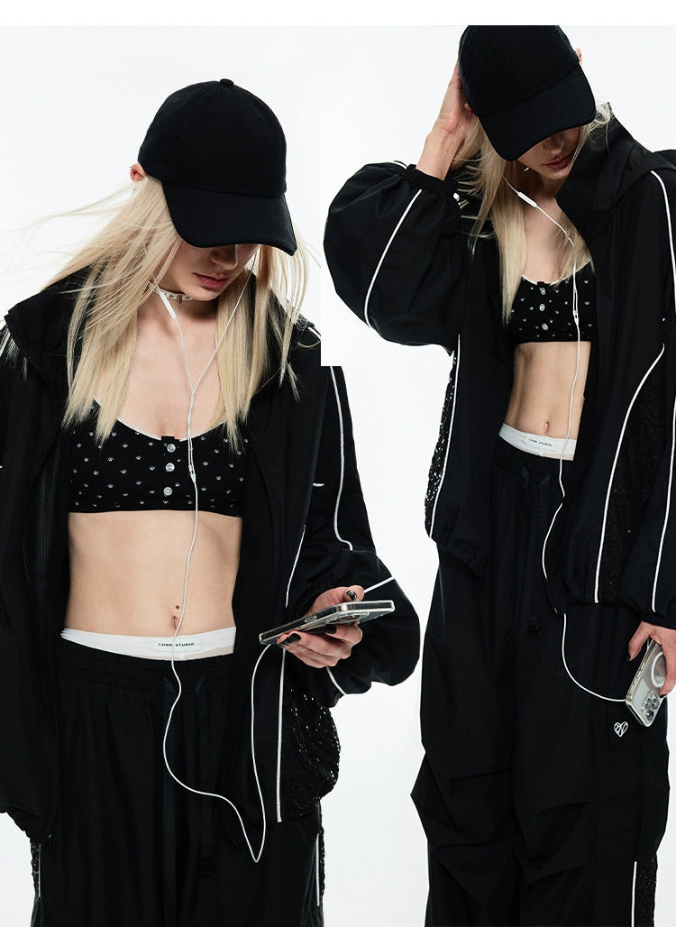 Black & Beige Wide-Legged Windbreaker Pants - CHINASQUAD