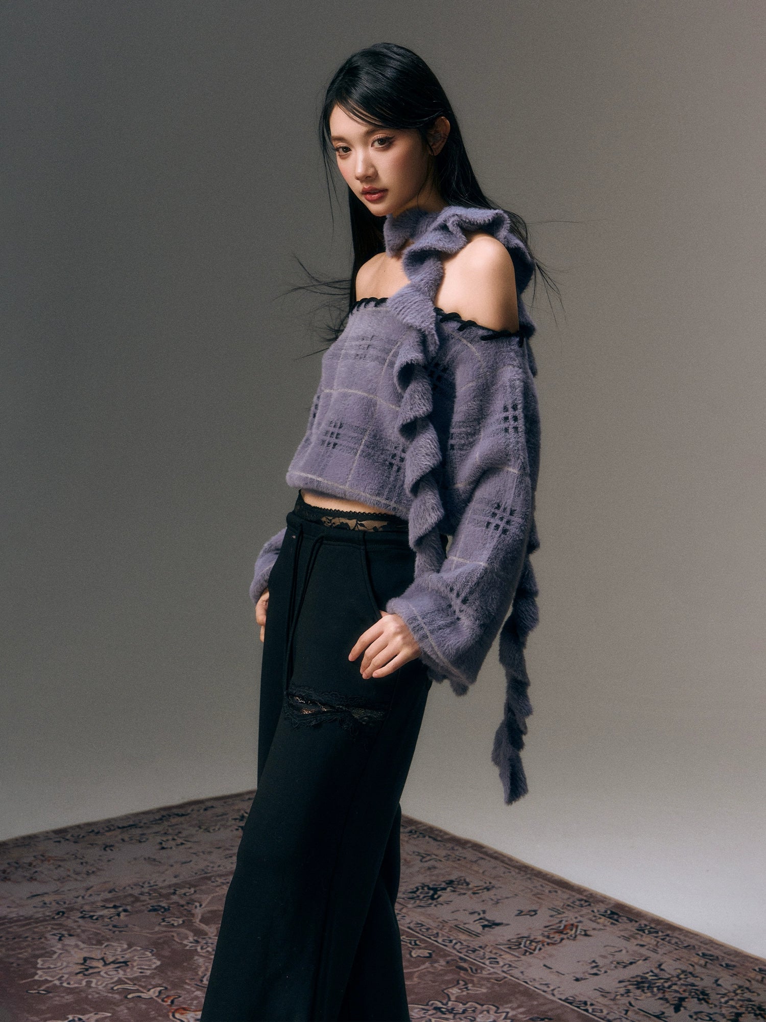 Purple Off-The-Shoulder Plaid Blouse - CHINASQUAD
