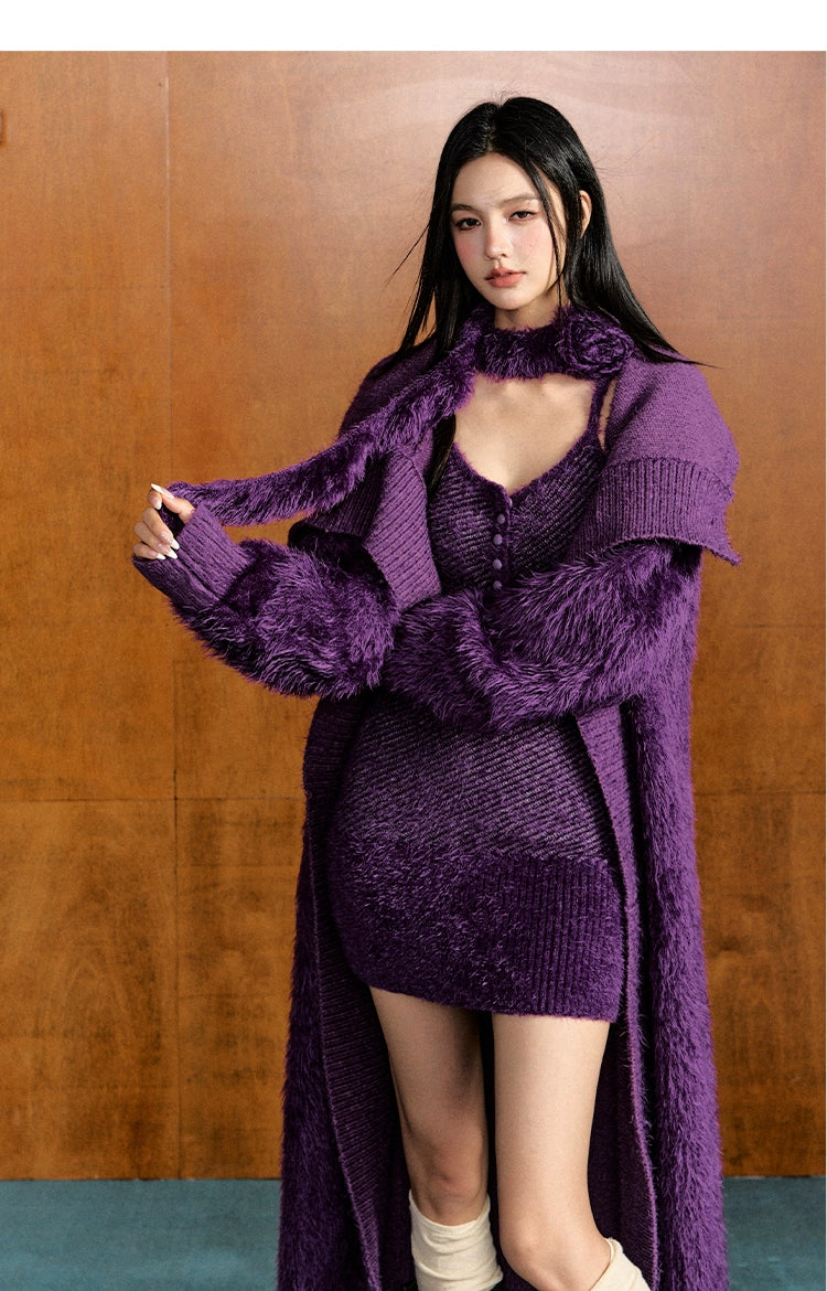 Feather Yarn Long Knit Cardigan & Knit Cami Dress Set - CHINASQUAD