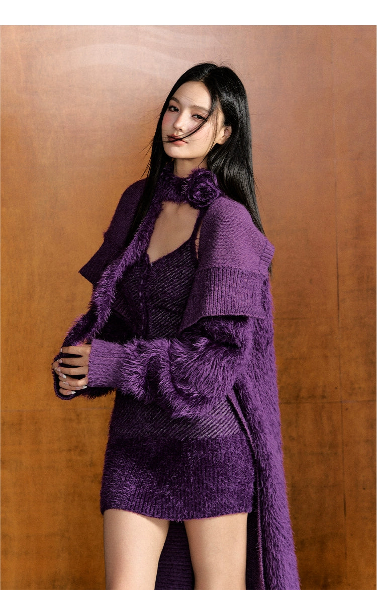 Feather Yarn Long Knit Cardigan & Knit Cami Dress Set - CHINASQUAD