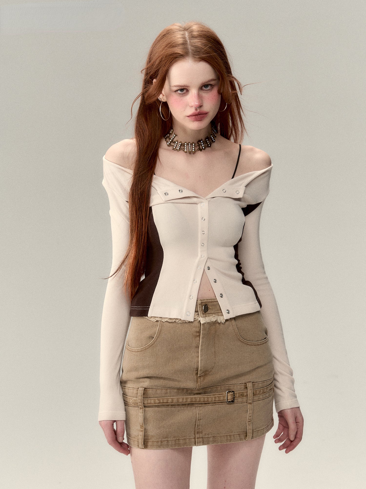 Oatmeal & Black Buttoned Blouse - CHINASQUAD