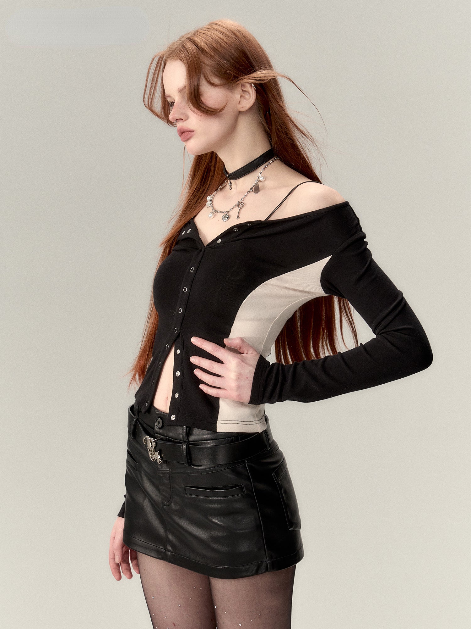 Oatmeal & Black Buttoned Blouse - CHINASQUAD