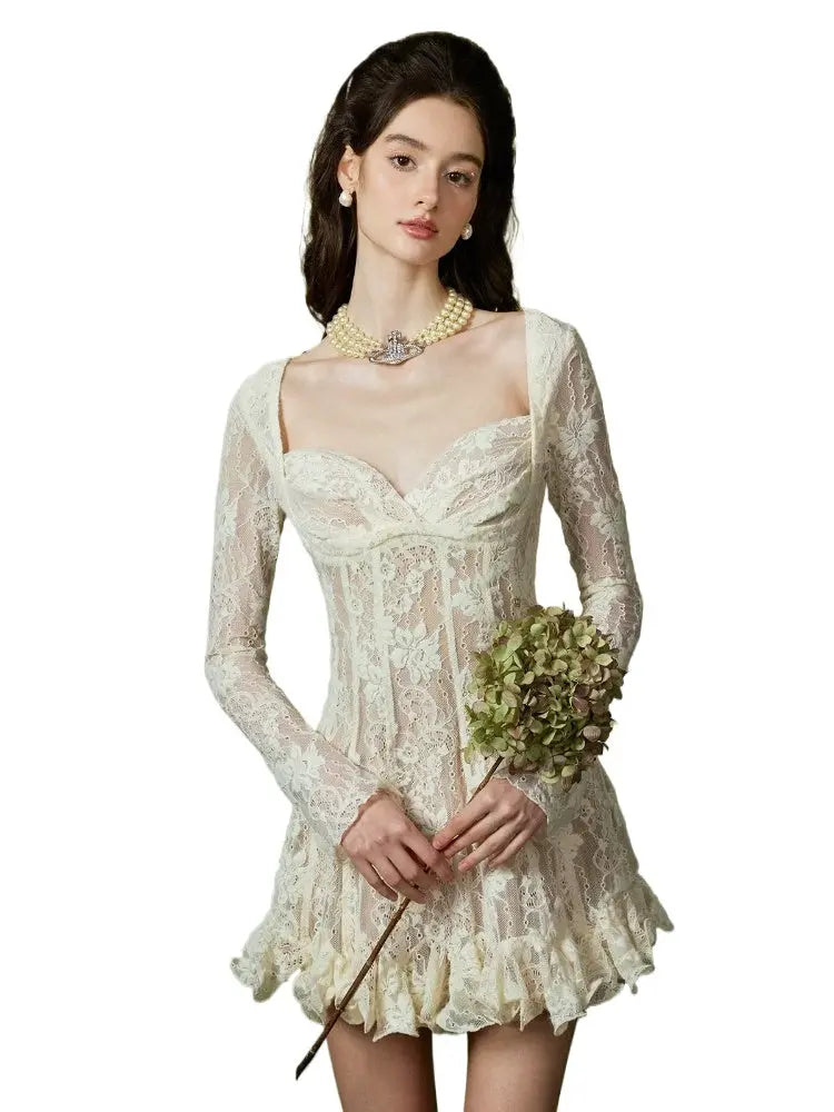 SHEER LUCK Laura Lace Waist-Cinched Long Sleeve Dress