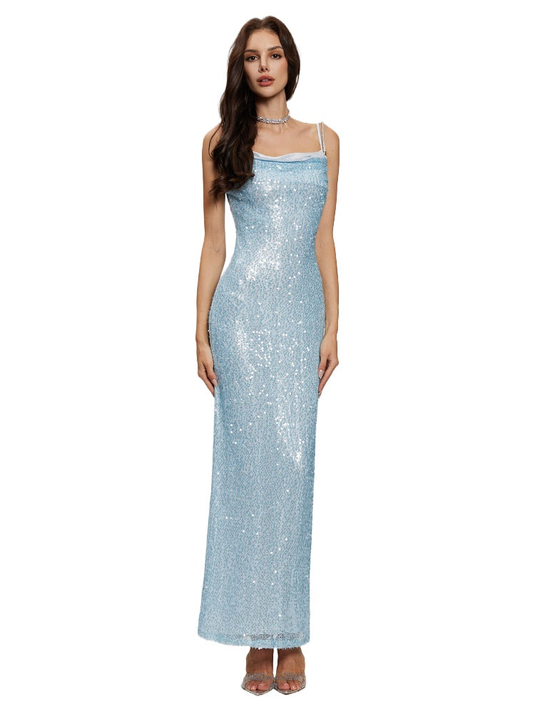 SHEER LUCK Sequin Draped Neck Slim-Fit Gown