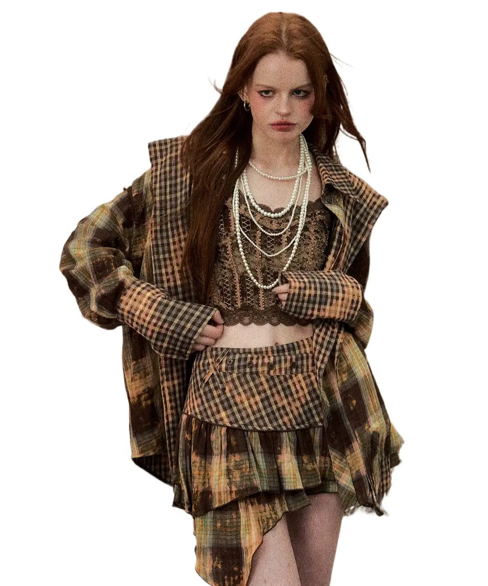 Washed Distressed Plaid Shirt & Skirt Set