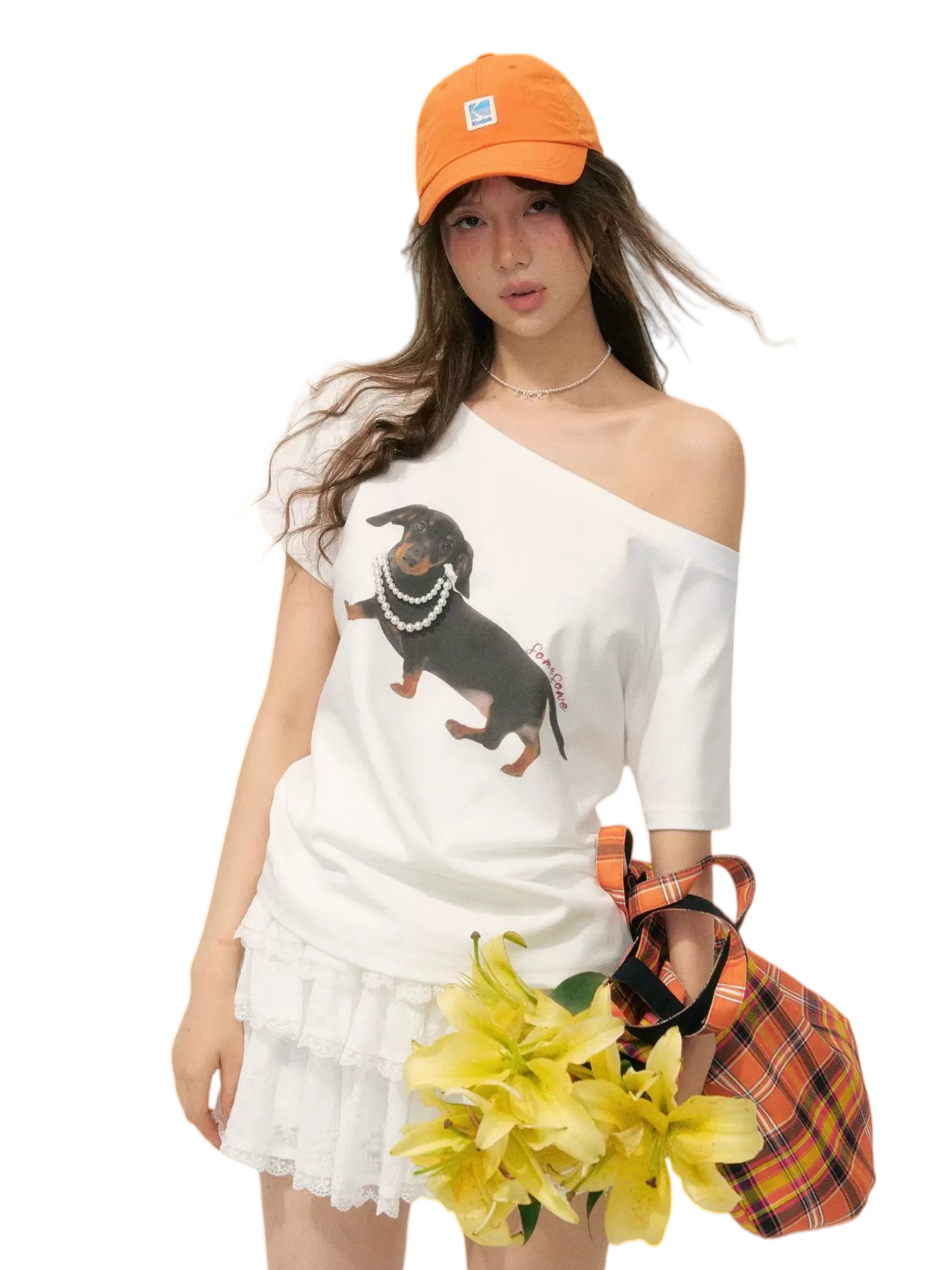 Pearl Dachshund Off-Shoulder T-Shirt