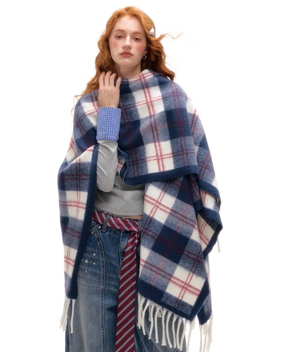ASGONY Color-Block Plaid Tassel Shawl Scarf