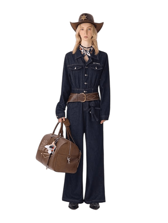 13DE MARZO Denim Jumpsuit Straight-Leg Street Style
