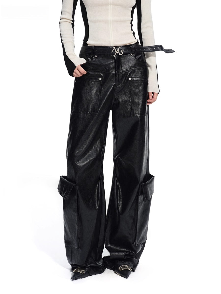 Punk-Style Eco Textured Faux Leather Wide-Leg Pants