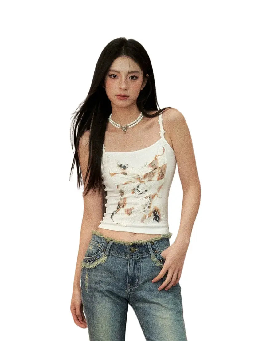 Off-white & Black Lace Splice Camisole