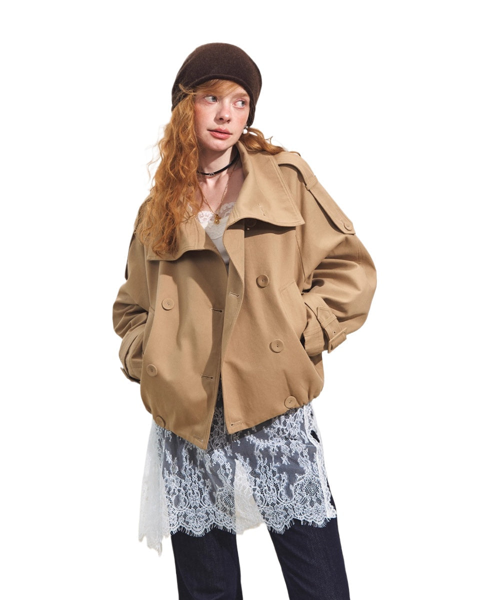 SOMESOWE Stand Collar Double-Breasted Cropped Trench Coat
