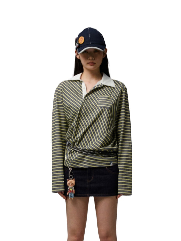 1JINN STUDIO Vintage Color-Block Striped Polo Shirt
