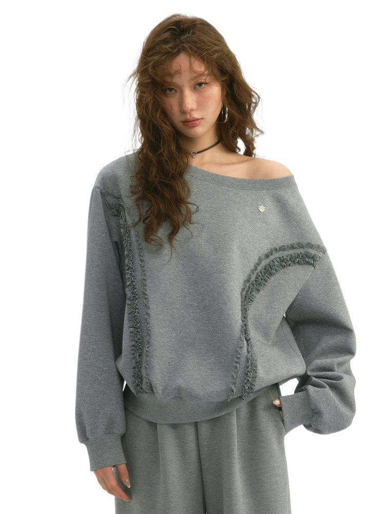 SOMESOWE Lace Trim Off-Shoulder Sweatshirt