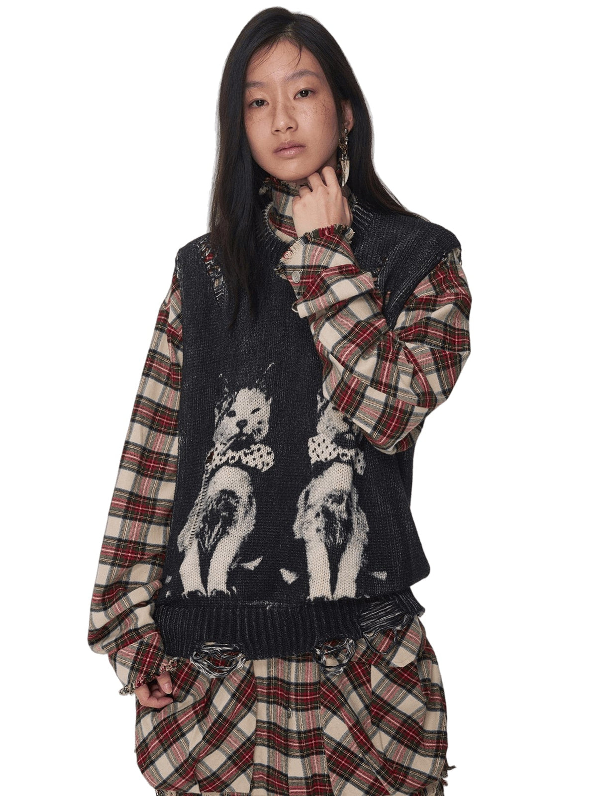 1JINN STUDIO Distressed Cat Jacquard Knit Vest