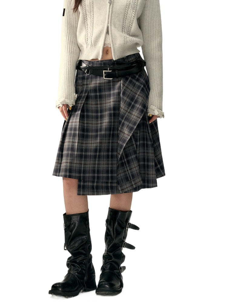 VIA PITTI Asymmetrical Plaid Midi Skirt