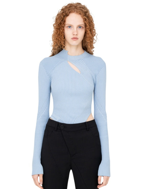 Blue & White Asymmetrical Cutout Long Sleeve