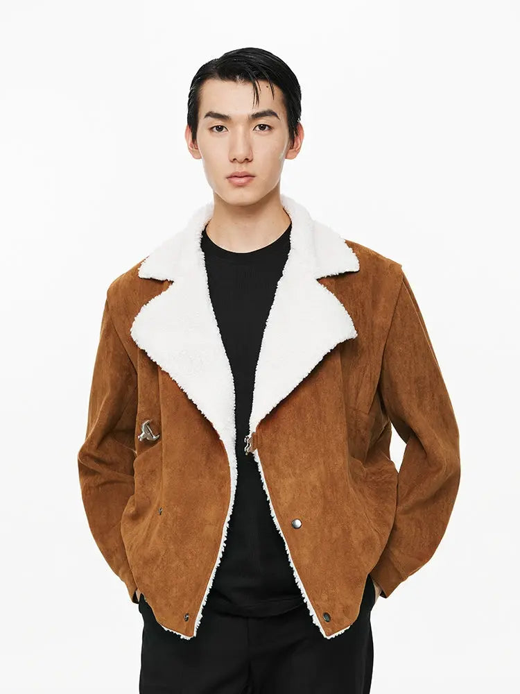Lamb Wool Collar Faux Suede Jacket