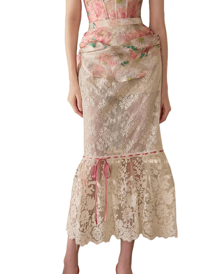 Romantic Oil-Paint Lace Corset Top & Skirt Set