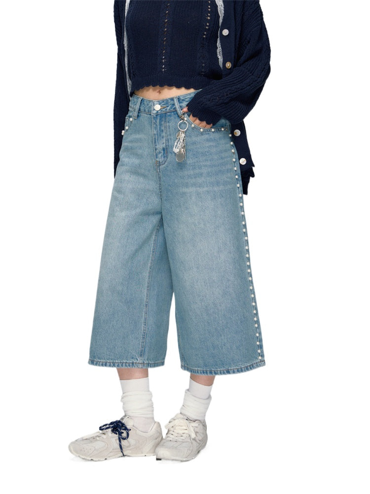 ASGONY Side Seam Beaded Wide-leg Cropped Jeans