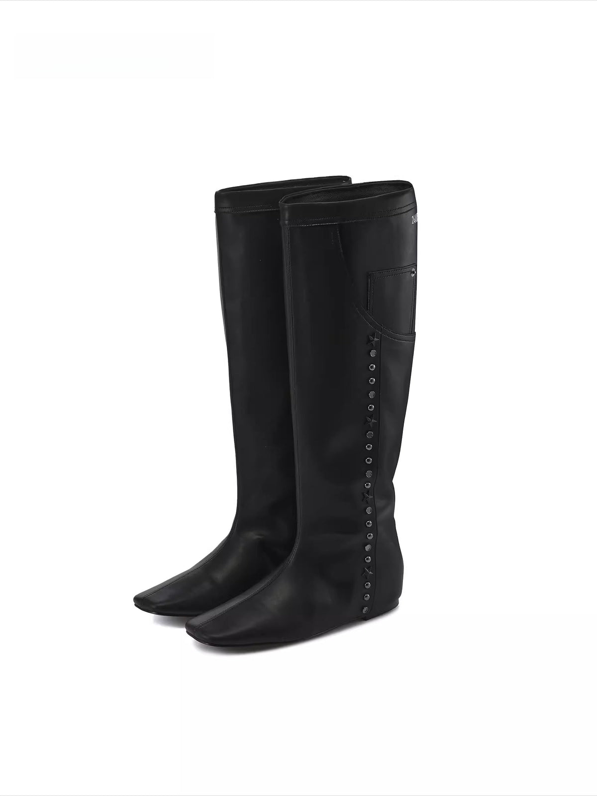 24ANS Flat Square-Toe Pocket-Detail Studded Boots