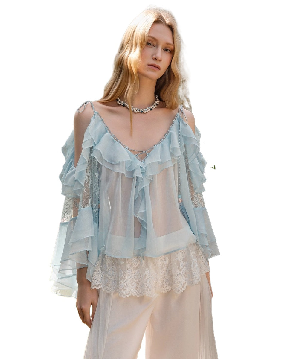 SHEER LUCK Flowy Chiffon Ruffle Rope Blouse