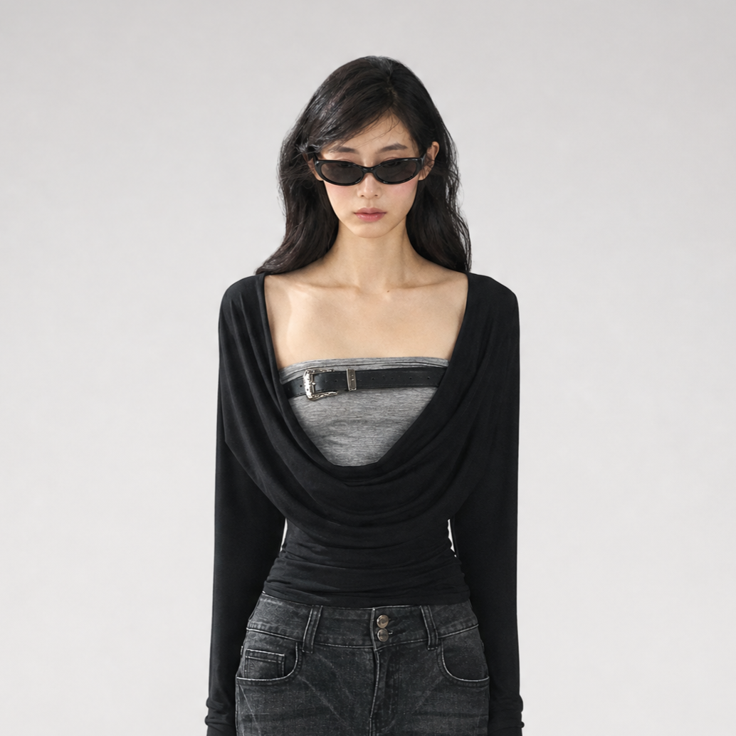 AOMALM Draped Cowl Double-Layer Top