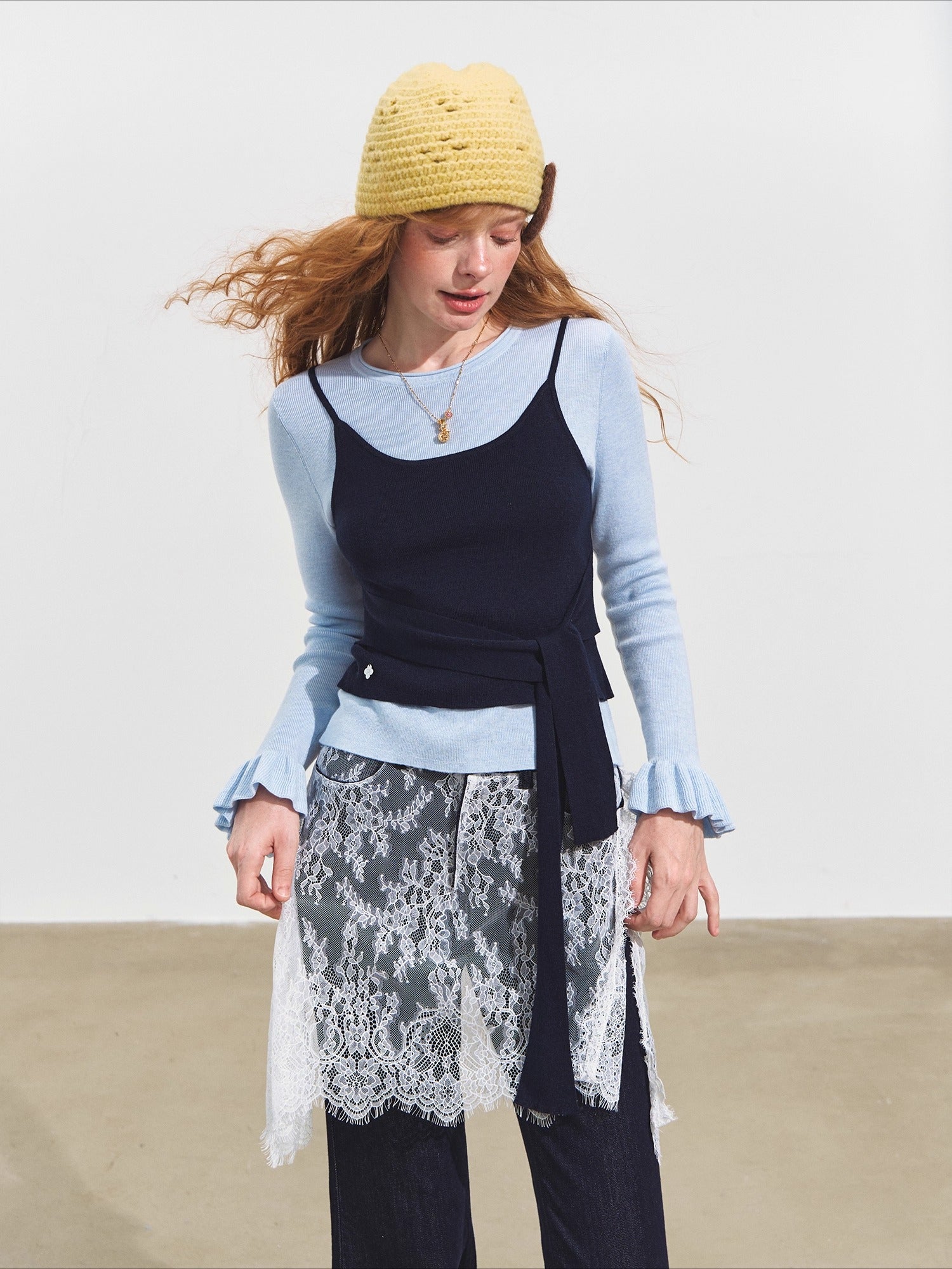 Faux Two-Piece Contrast Tie Sweater