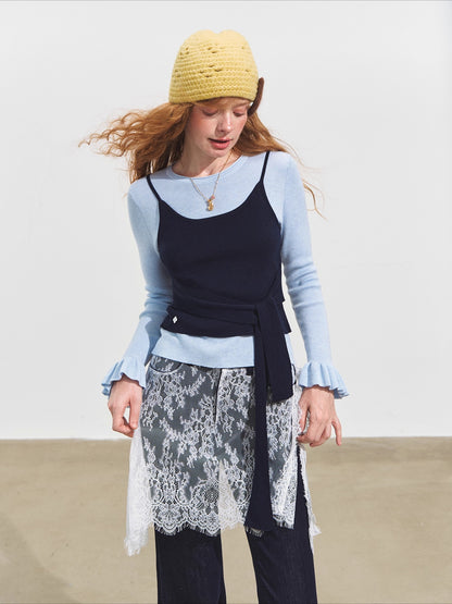 Faux Two-Piece Contrast Tie Sweater