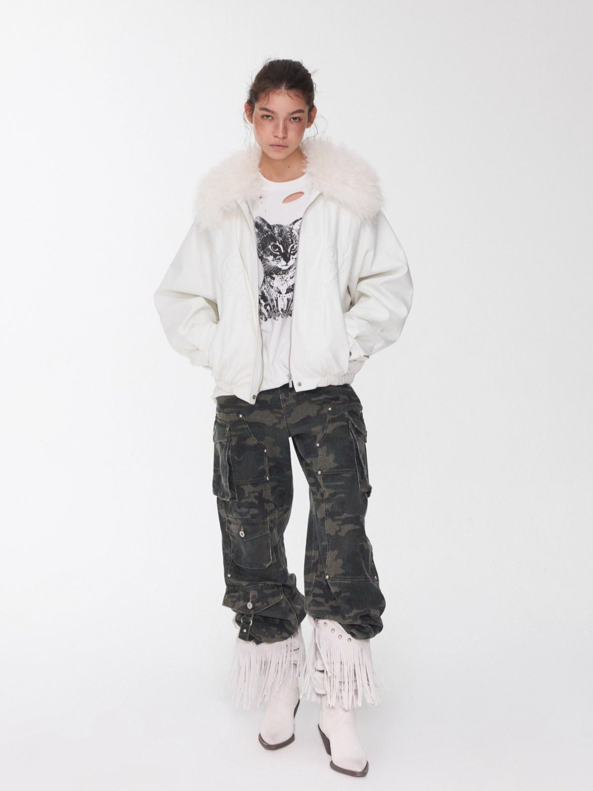 Embossed Faux Leather Puffer Detachable Fur Collar Jacket