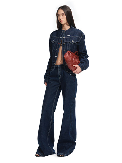 Denim Stand-Collar Regular Shoulder Cropped Jacket - CHINASQUAD