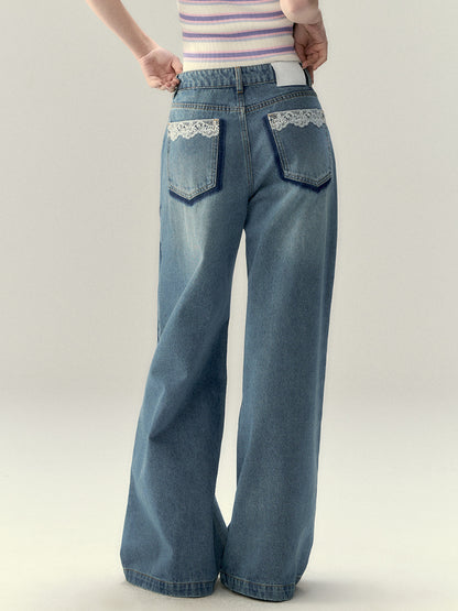 Lace-Panel Loose Straight Denim Jeans