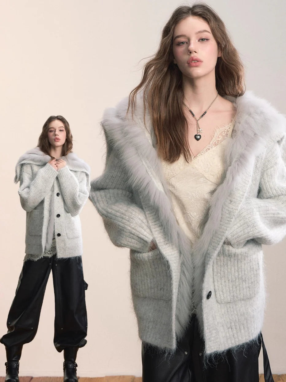 Fox Fur Collar Plush Knit Cardigan